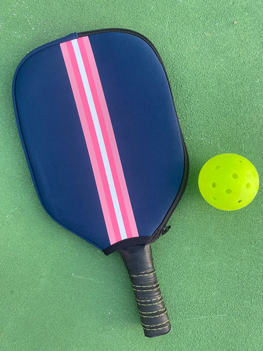 Pickleball Paddle Cover - Blue Neoprene with Pink & White Stripes