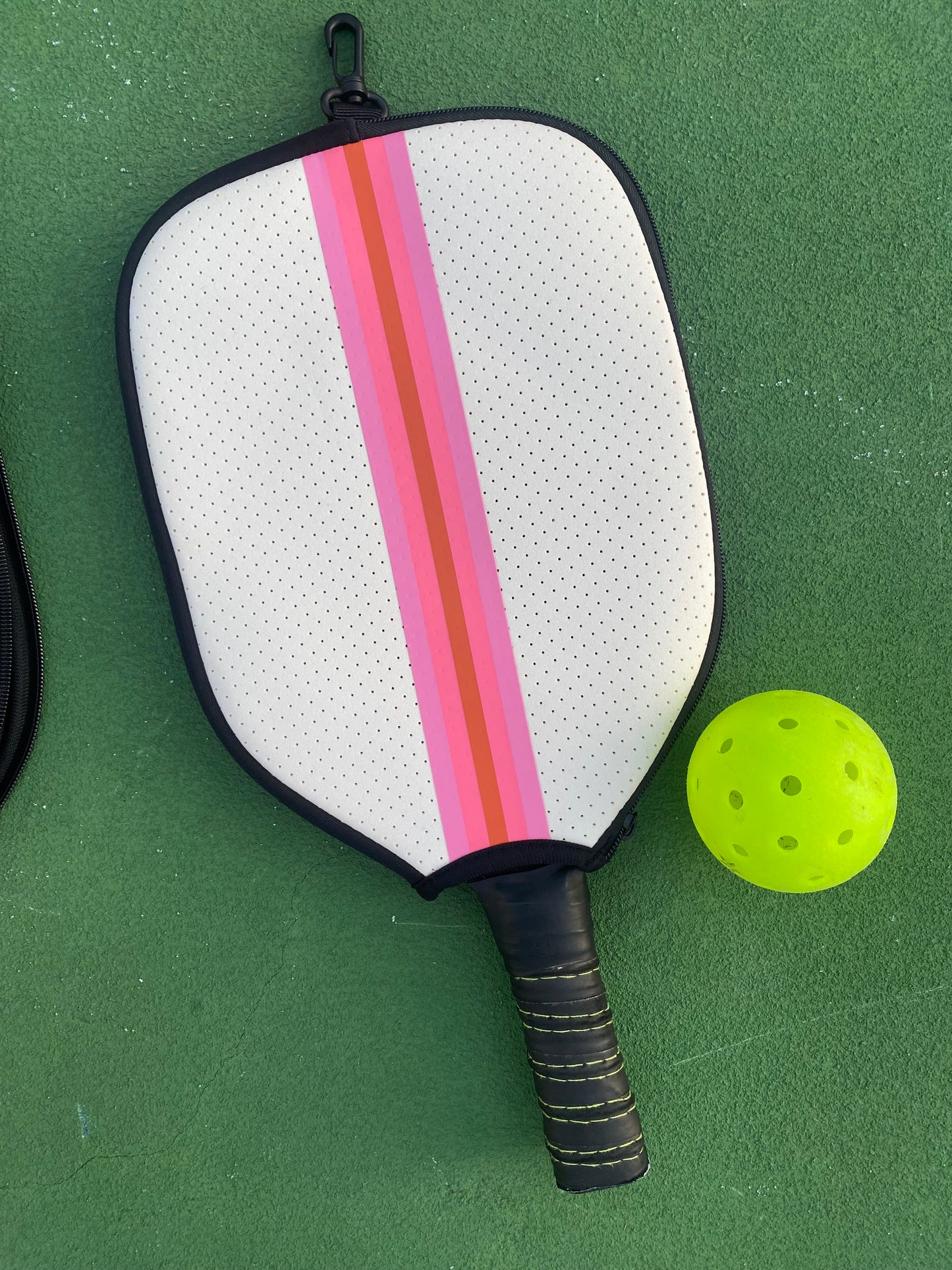 Pickleball Paddle Cover - White Neoprene with Pink Stripes